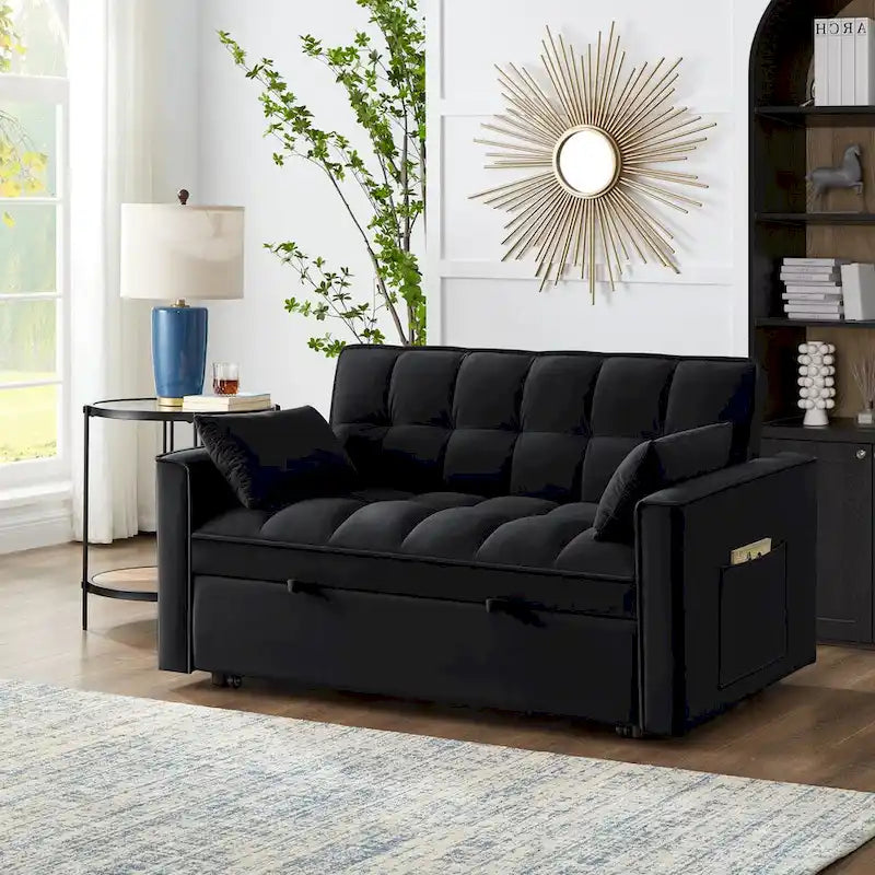 Canapé-lit convertible 4-en-1 – Causeuse en velours – Lit d'appoint avec dossier inclinable, 2 poches latérales