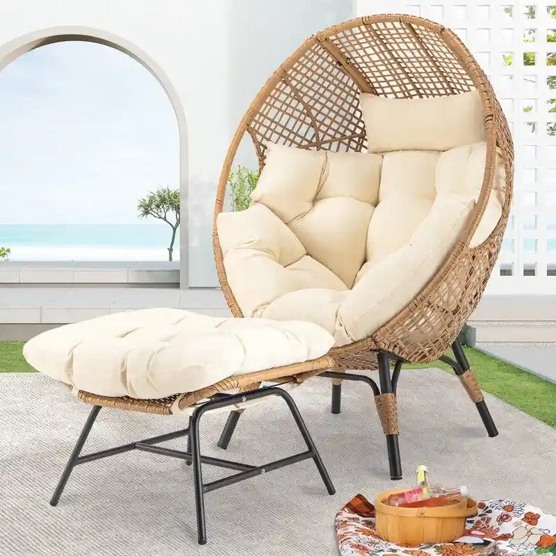 FINCATI Fauteuil Œuf d'intérieur, Fauteuil Œuf d'extérieur 200 kg, Fauteuil Œuf surdimensionné avec pouf, Fauteuil Œuf de luxe confortable avec repose-pieds