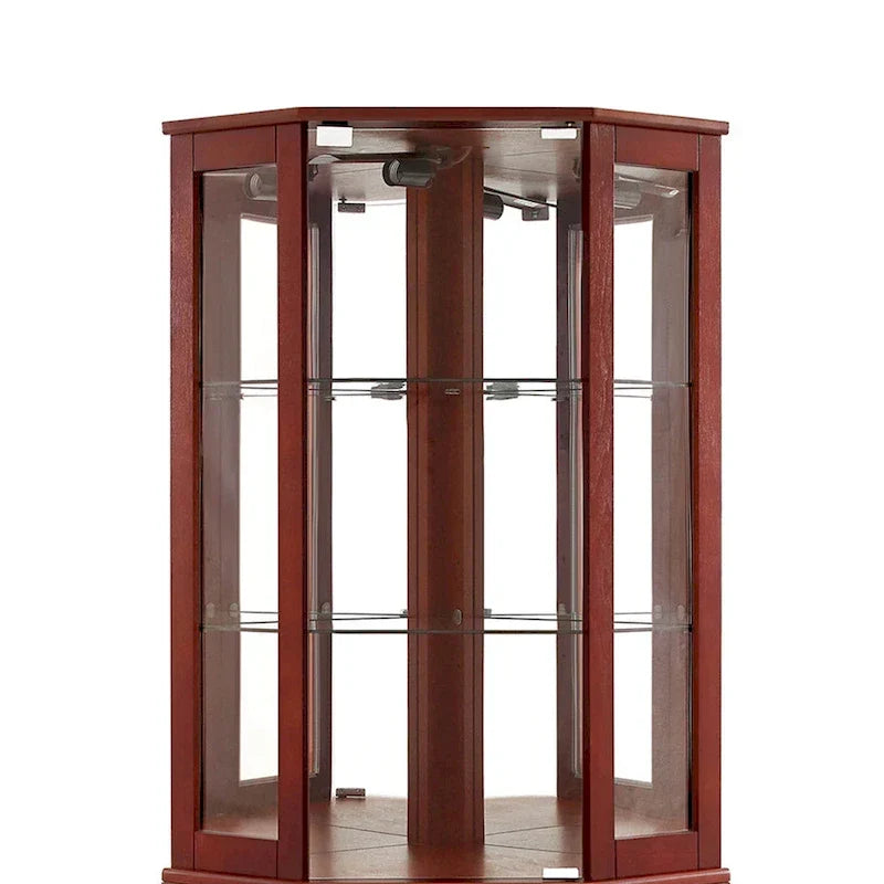 Vitrine d'angle à 6 étagères avec lumières, miroirs et étagères réglables, merisier