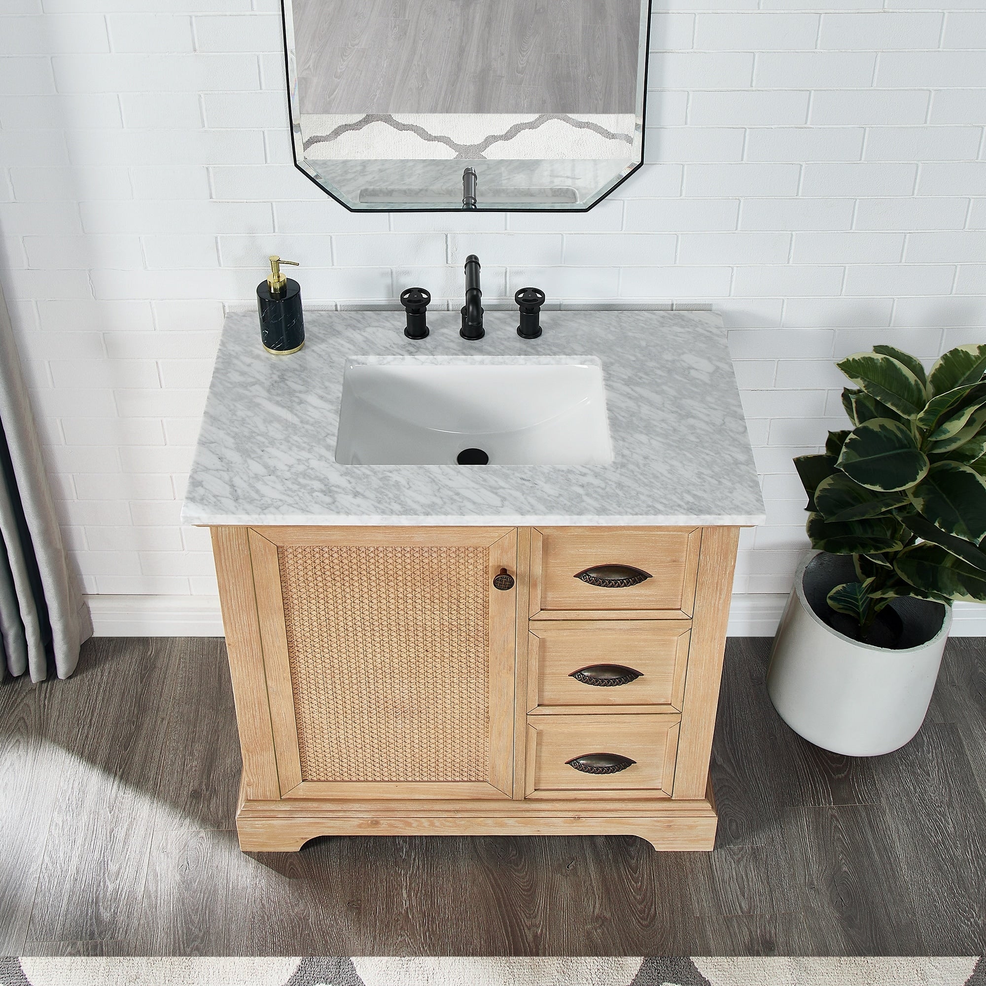 Meuble sous-vasque Hervas avec plateau en marbre naturel, sans miroir