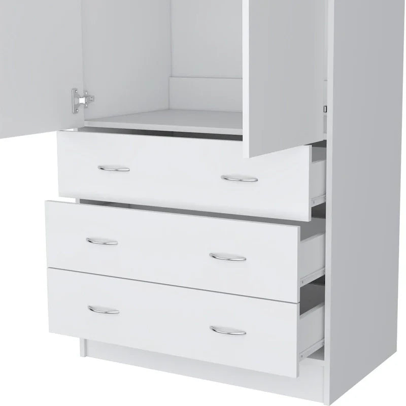 19 Armoire moderne à deux portes avec 3 tiroirs et 1 tringle de penderie pour chambre à coucher
