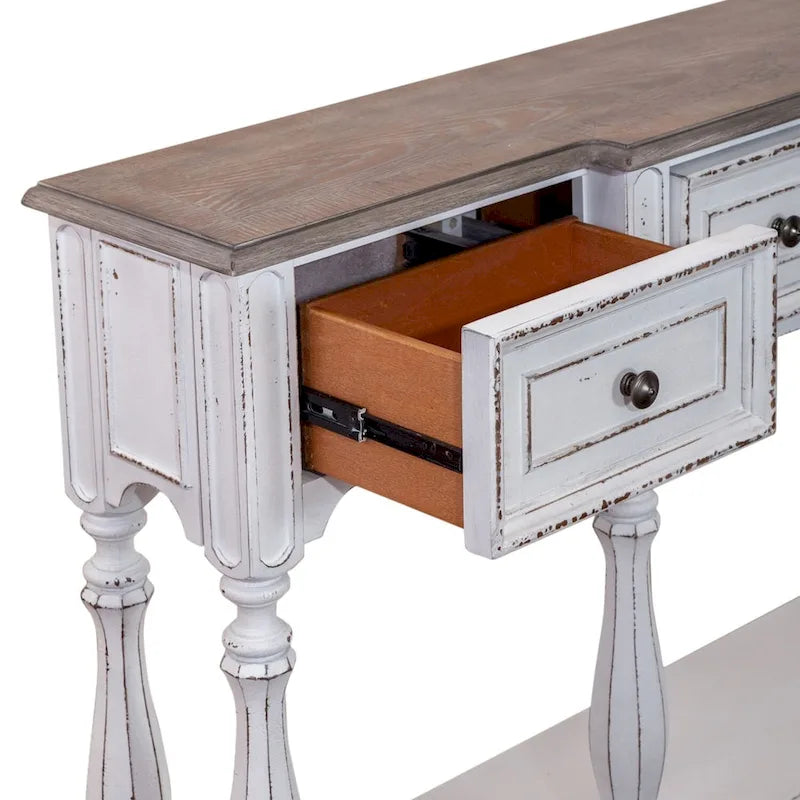 Console de hall 72 po blanc antique et écorce vieillie