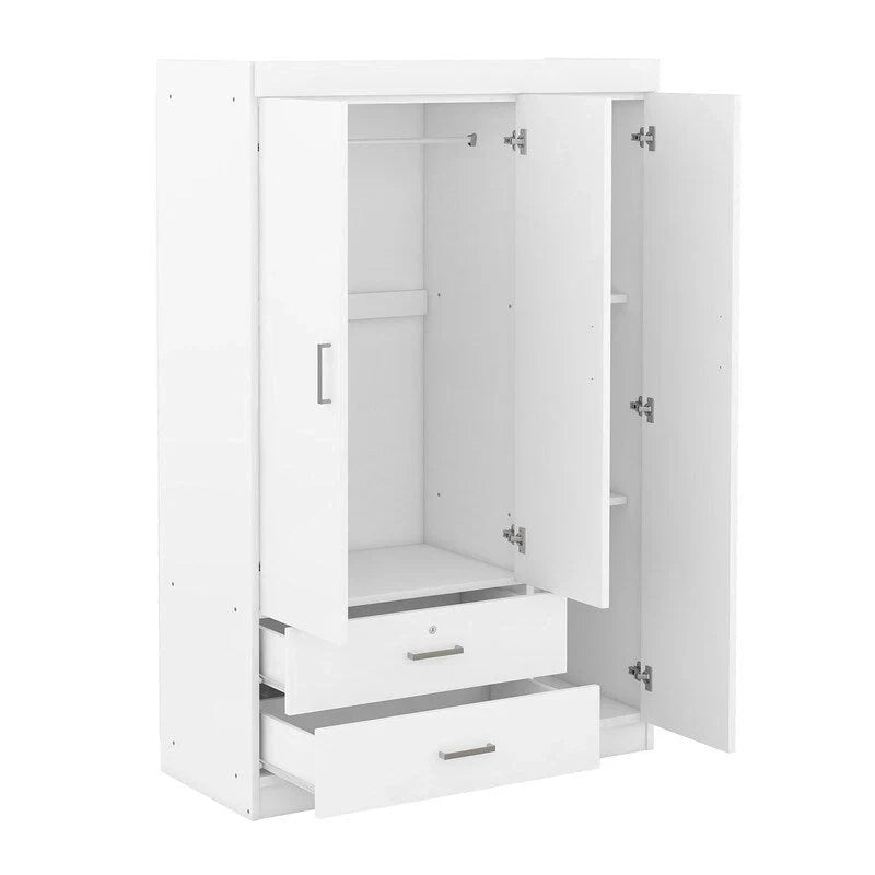 Armoire penderie 3 portes avec miroirs, étagères et 2 tiroirs