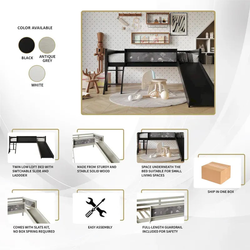Lit mezzanine bas classique double CraftPorch avec tableau noir, toboggan et échelle