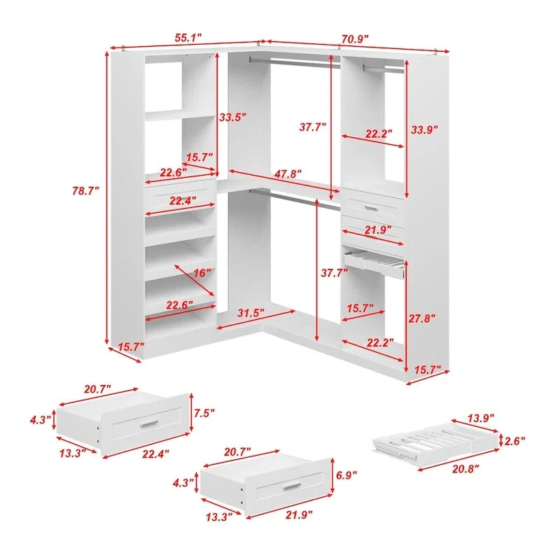 Armoire d'angle avec 2 tringles, un porte-pantalons et un rangement à chaussures