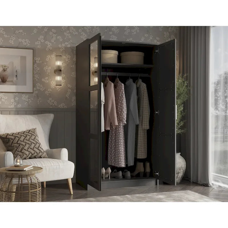 Armoire urbaine à 2 portes 100 % en bois massif avec portes pleines et portes miroir