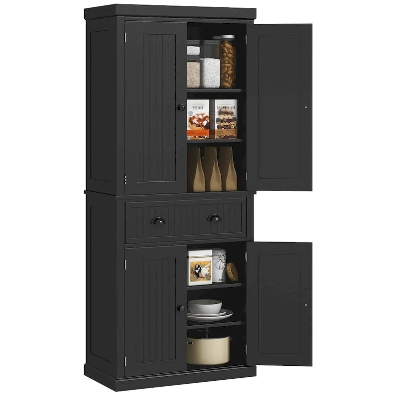 Meuble de rangement de cuisine autoportant traditionnel de 72 pouces avec 4 portes et 3 étagères réglables, grand tiroir central