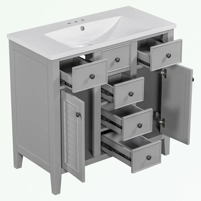 Meuble-lavabo avec vasque en céramique, deux placards et cinq tiroirs