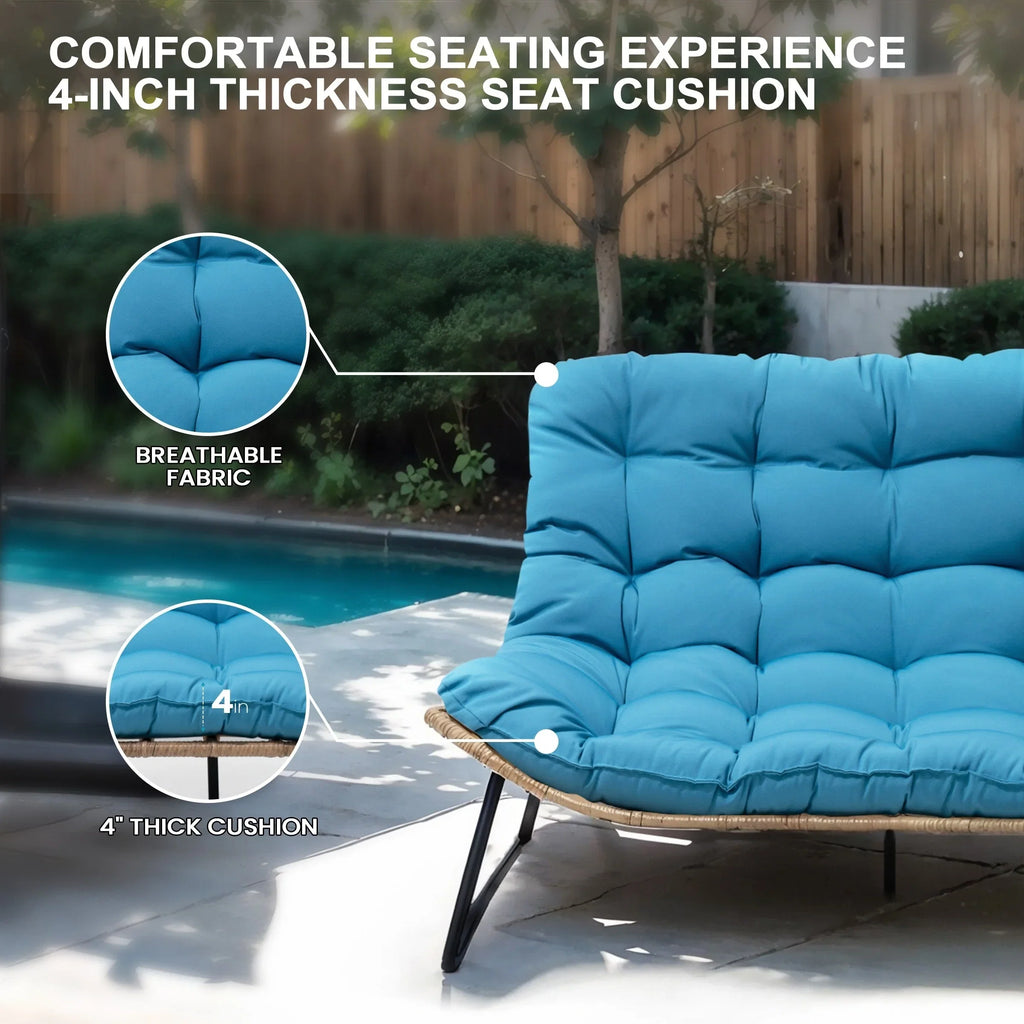 Causeuse double Papasan avec coussin, rotin PE tout temps et cadre en métal pour l'intérieur et l'extérieur