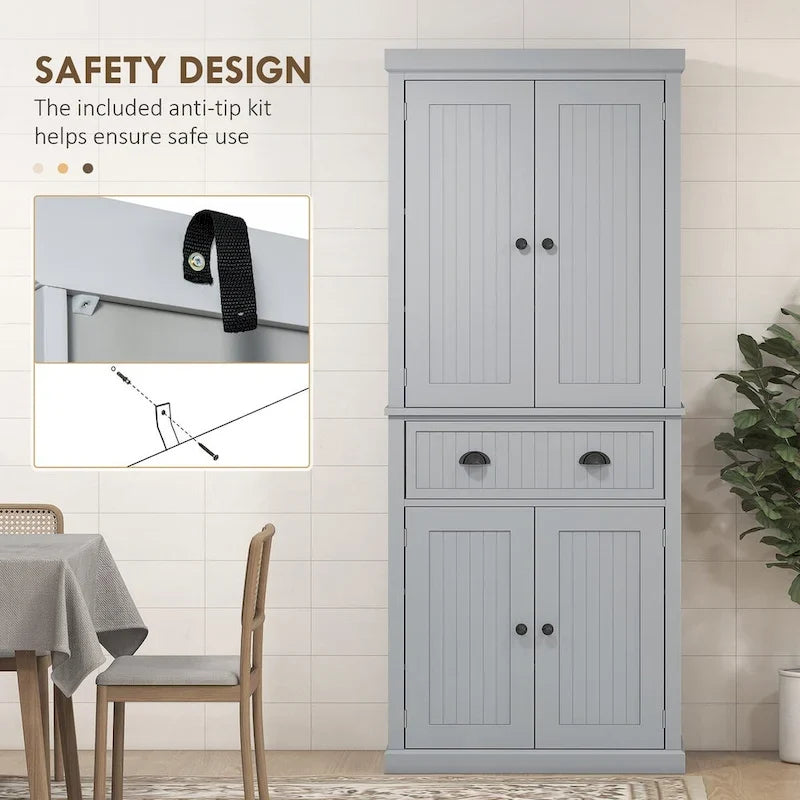 Meuble de rangement de cuisine autoportant traditionnel de 72 pouces avec 4 portes et 3 étagères réglables, grand tiroir central