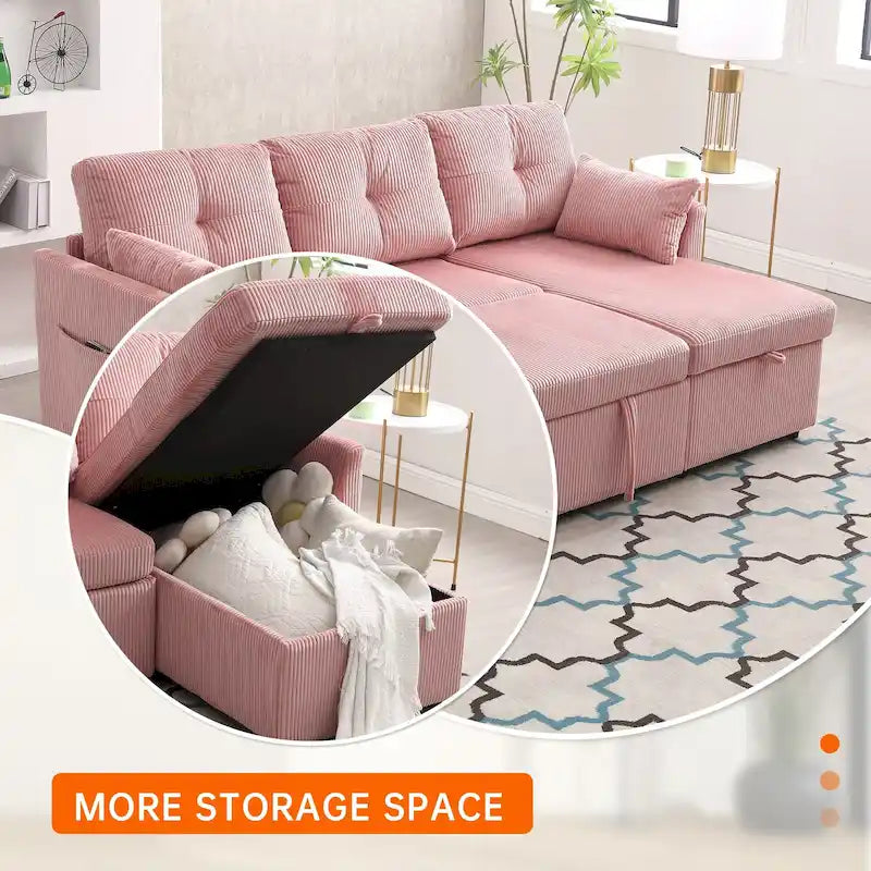 Canapé d'angle réversible en velours côtelé/chenille avec chaise longue de rangement et poche latérale