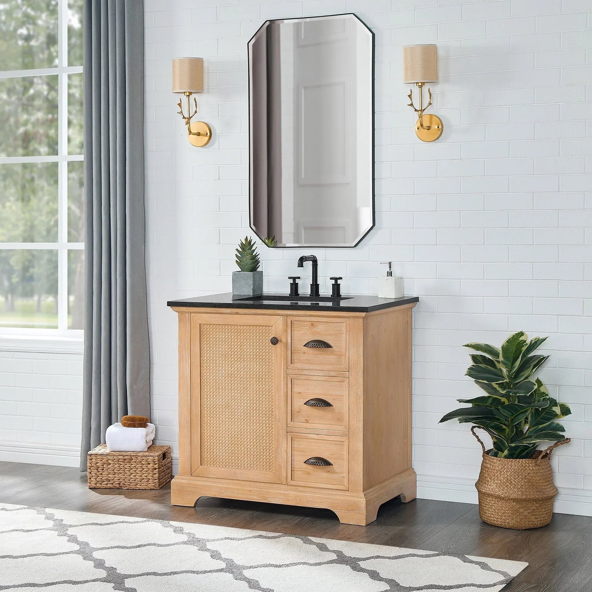 Meuble sous-vasque Hervas avec plateau en marbre naturel, sans miroir