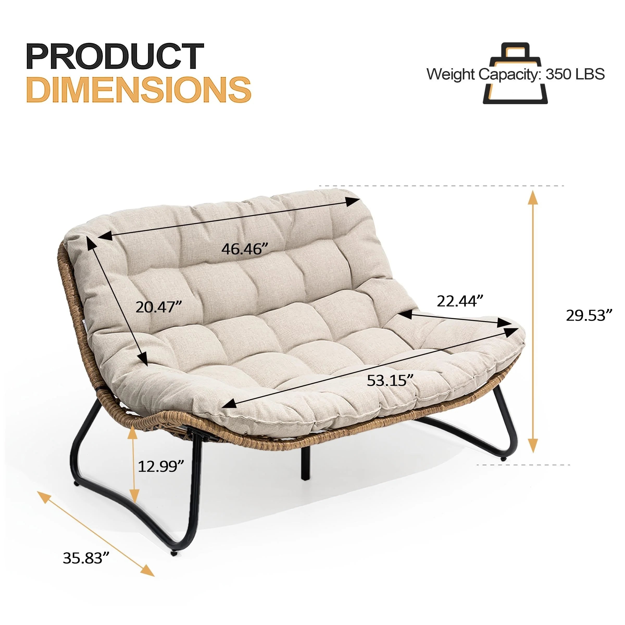 Causeuse double Papasan avec coussin, rotin PE tout temps et cadre en métal pour l'intérieur et l'extérieur