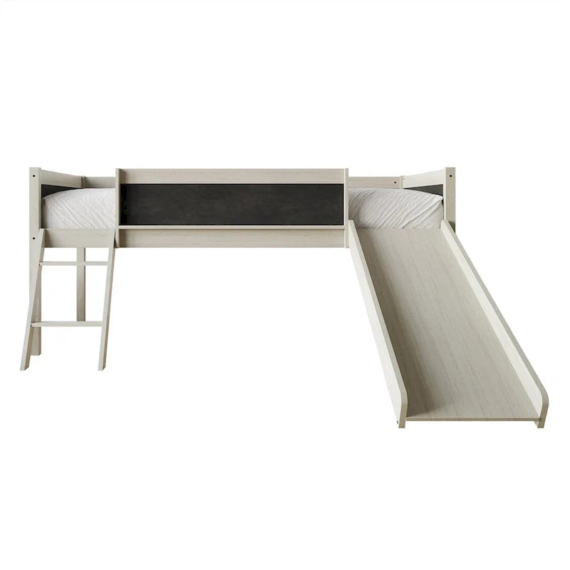 Lit mezzanine bas classique double CraftPorch avec tableau noir, toboggan et échelle