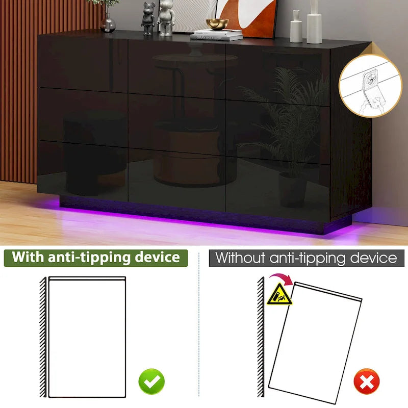 Commode à 9 tiroirs Tour de rangement pour chambre à coucher avec lumière