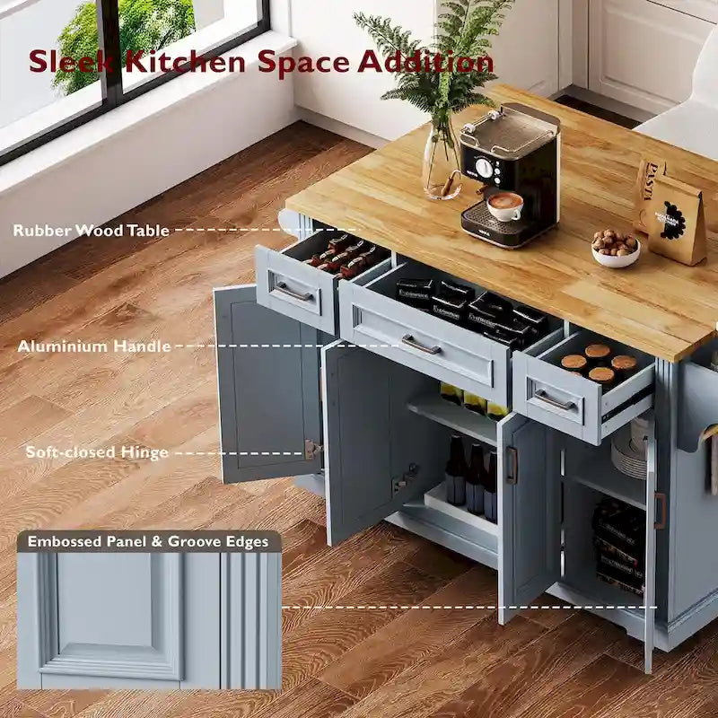 54 Grand îlot de cuisine avec plateau rabattable en bois d'hévéa, chariot de cuisine roulant à texture gaufrée sur 4 roues avec 4 portes et 3 tiroirs