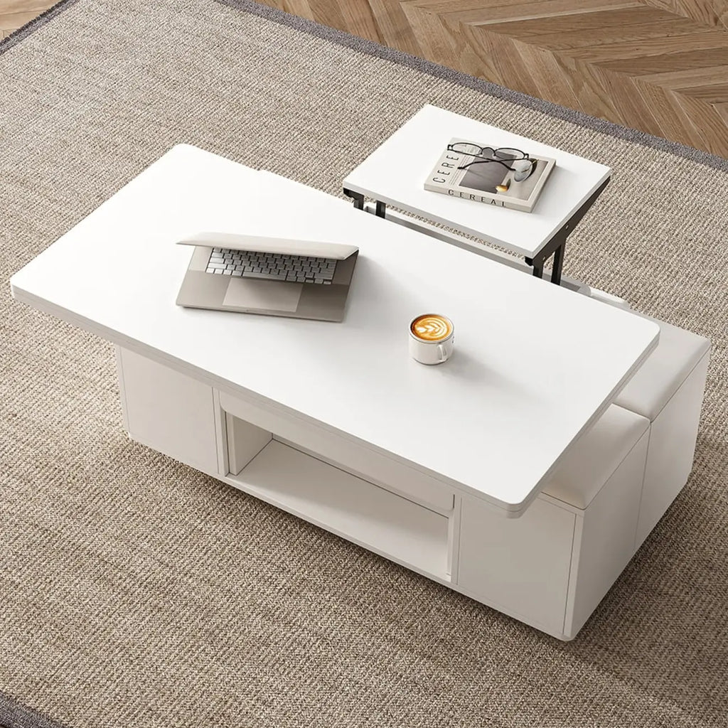Table basse relevable pliable avec 4 tabourets et rangement