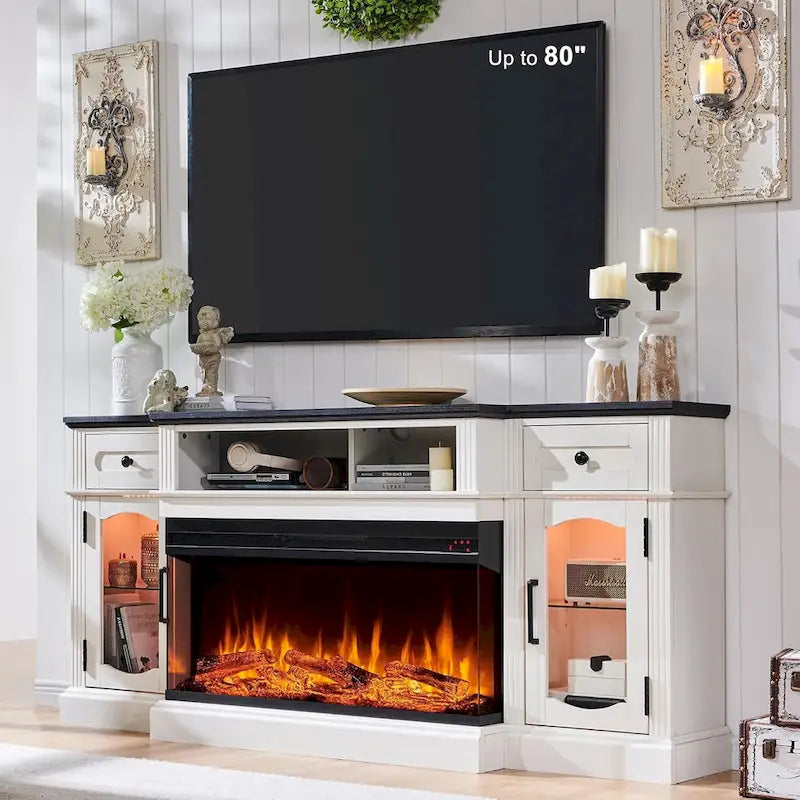 Meubles TV avec cheminée électrique de style rustique jusqu'à 80 pouces, centre de divertissement