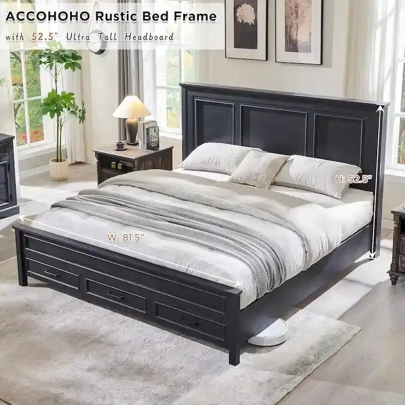 Cadre de lit en bois King Size de style ferme avec tête de lit, cadre de lit plateforme