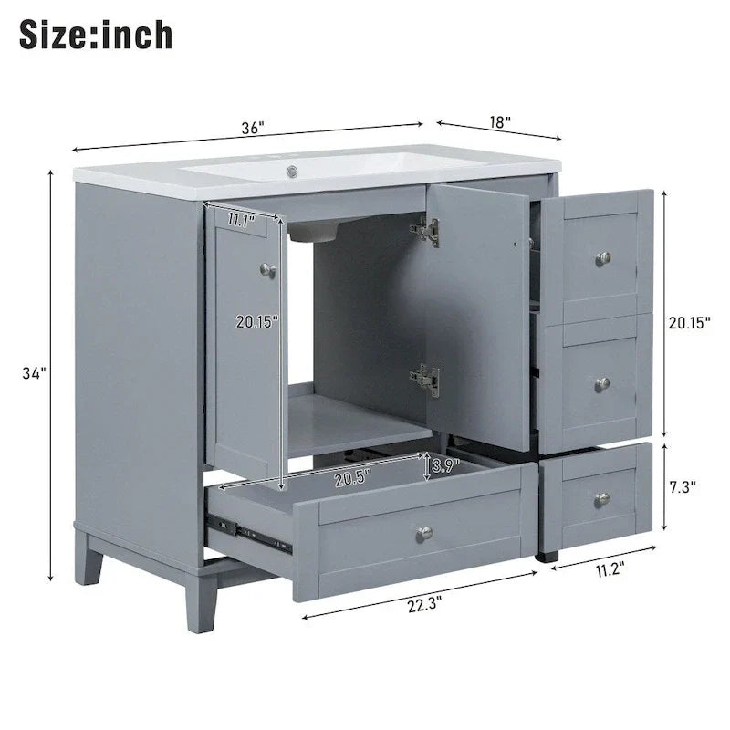 Meuble-lavabo de 36 pouces avec chargement USB, évier en résine, cadre en bois massif, 3 tiroirs de rangement