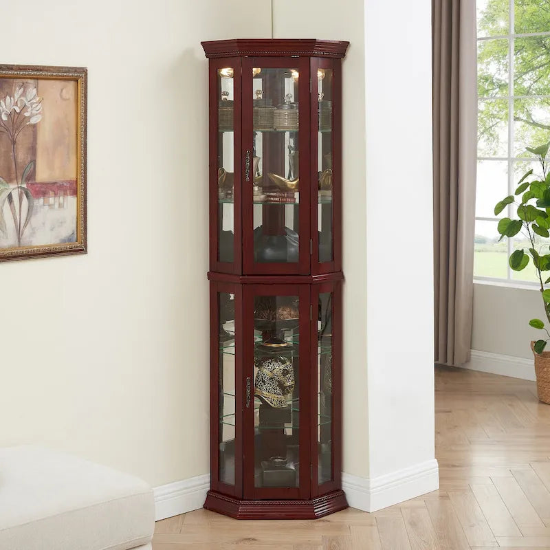 Vitrine d'angle avec éclairage, étagères réglables en verre trempé, fond miroir, meuble vitrine