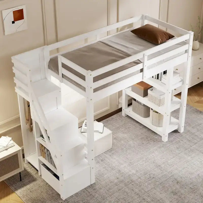 Lit mezzanine simple/double avec escalier de rangement - Étagères, armoire et lumière LED, design peu encombrant