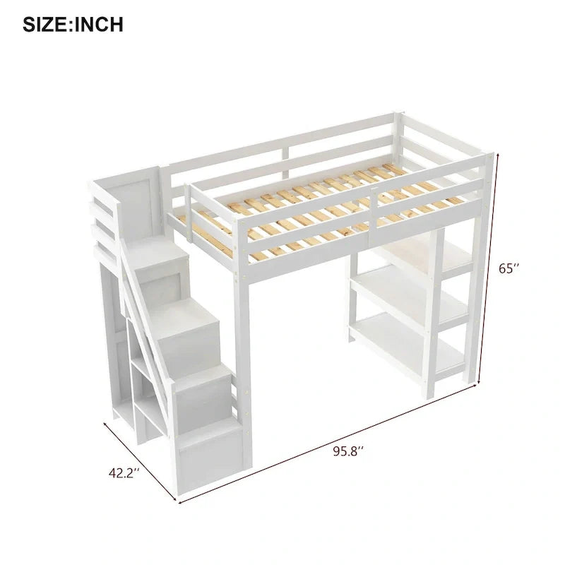Lit mezzanine simple/double avec escalier de rangement - Étagères, armoire et lumière LED, design peu encombrant