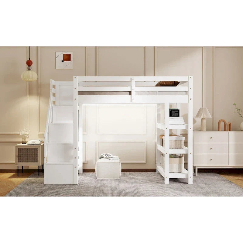 Lit mezzanine simple/double avec escalier de rangement - Étagères, armoire et lumière LED, design peu encombrant