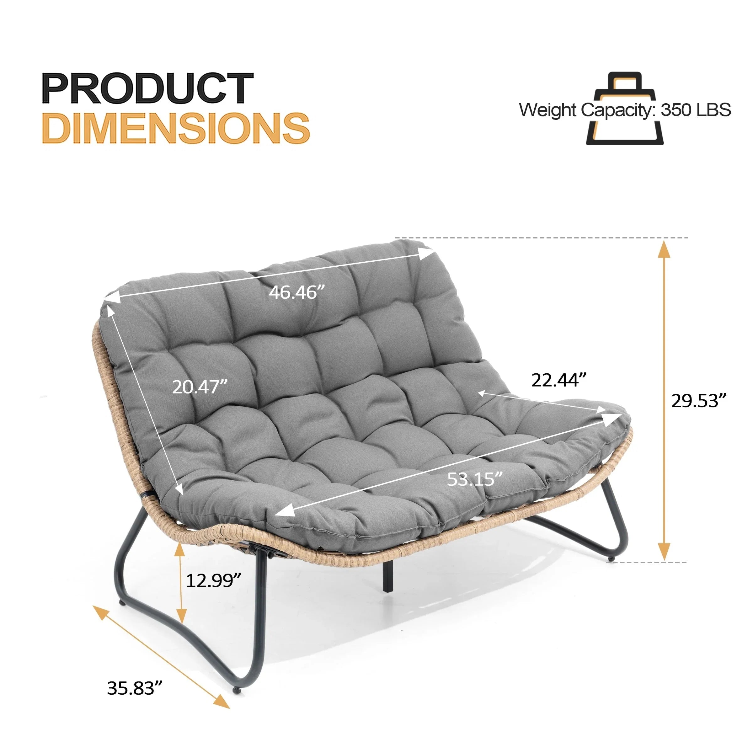 Causeuse double Papasan avec coussin, rotin PE tout temps et cadre en métal pour l'intérieur et l'extérieur