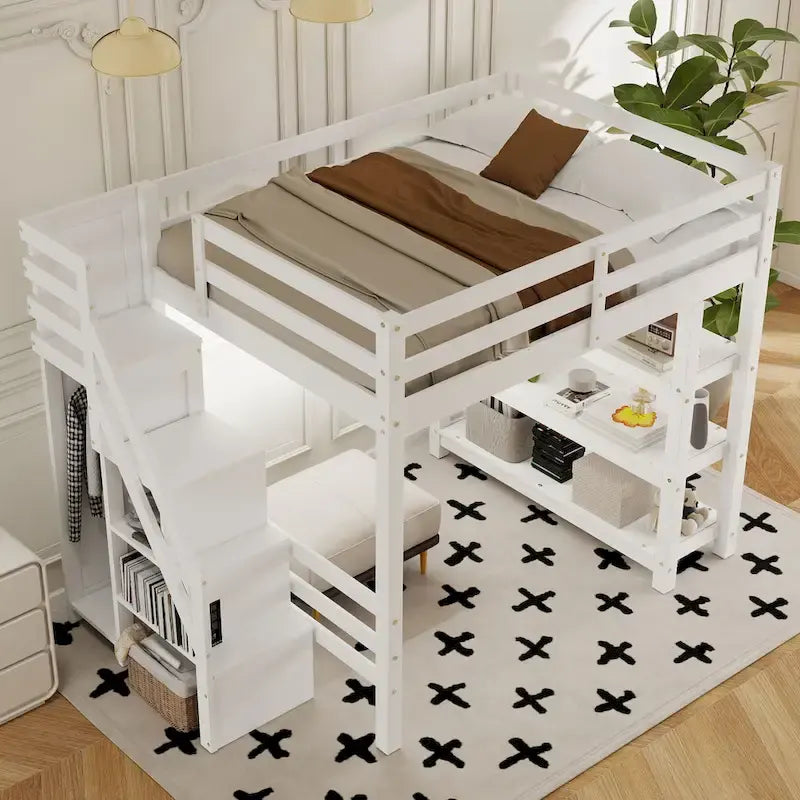 Lit mezzanine simple/double avec escalier de rangement - Étagères, armoire et lumière LED, design peu encombrant
