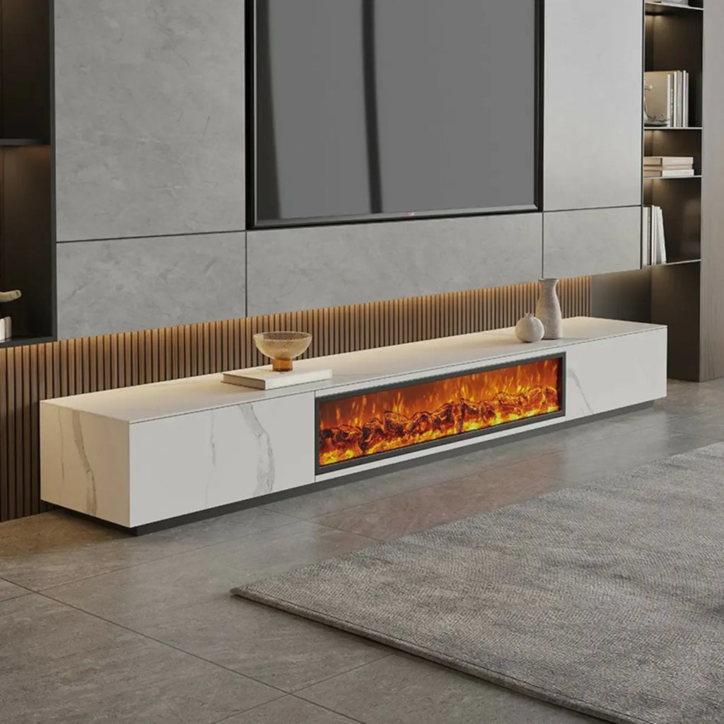 Meuble TV en pierre avec cheminée électrique noire et lumière, 87 cm de large