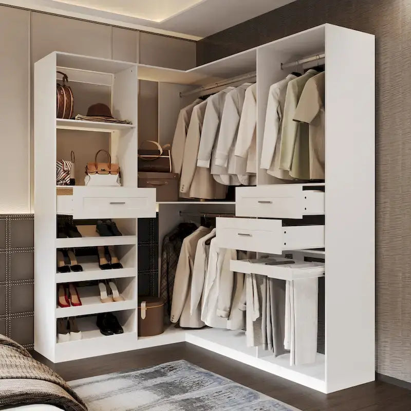 Armoire d'angle avec 2 tringles, un porte-pantalons et un rangement à chaussures