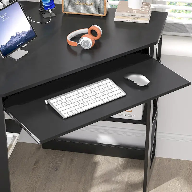 Bureau d'Angle Petit Bureau avec Prises, Table d'Angle pour Petit Espace, Bureau d'Ordinateur avec Ports USB, Bureau Triangle avec Rangement