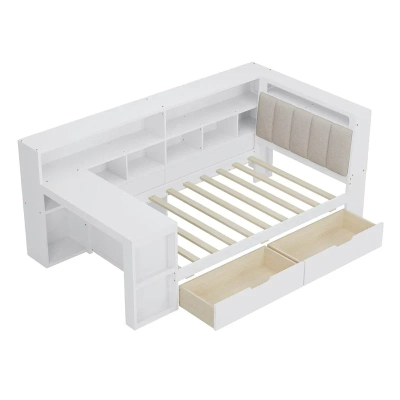 Canapé-lit d'angle en bois en forme de L avec bureau, bibliothèque, lit d'angle avec tiroirs de rangement, tête de lit rembourrée et éclairage intégré