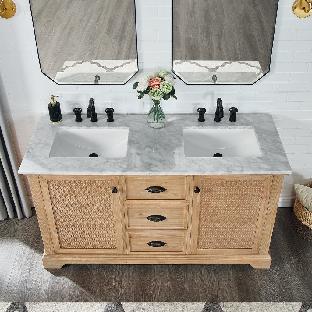 Meuble sous-vasque Hervas avec plateau en marbre naturel, sans miroir