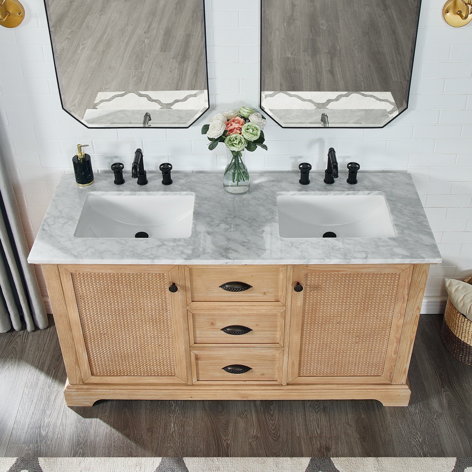 Meuble sous-vasque Hervas avec plateau en marbre naturel, sans miroir