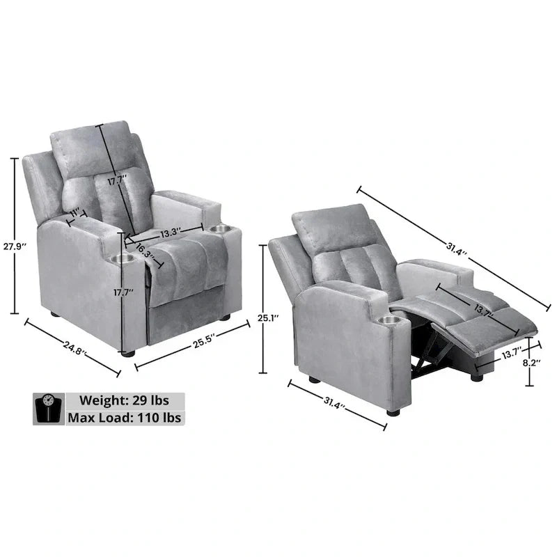 Fauteuil inclinable de luxe pour enfants avec repose-pieds, appuie-tête et 2 porte-gobelets, en microfibre, pour les enfants de 3 ans et plus