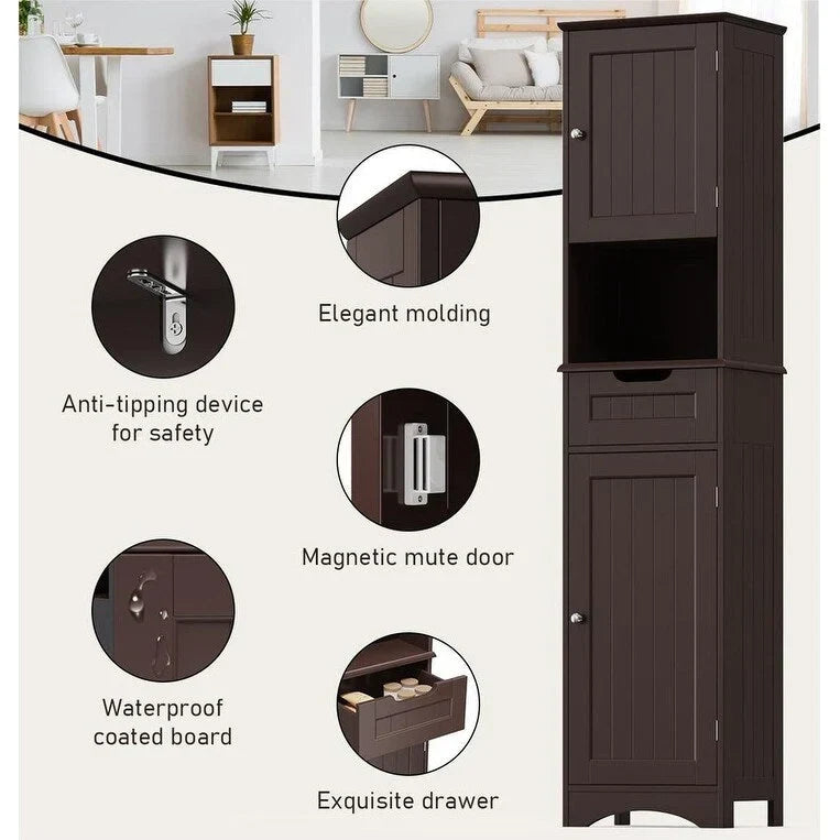 Meuble de Salle de Bain Haut de 170 cm, Colonne de Rangement Étroite avec 2 Portes et Tiroir