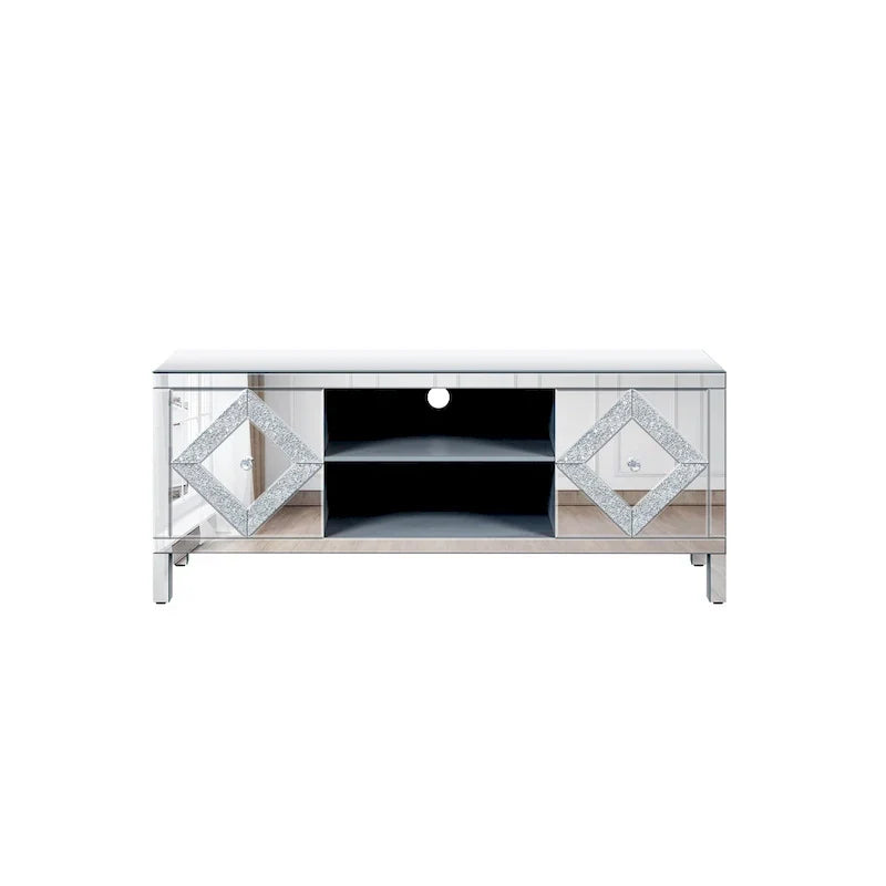 Meuble TV de 150 cm avec portes miroir en losange et rangement pour téléviseurs jusqu'à 65 pouces