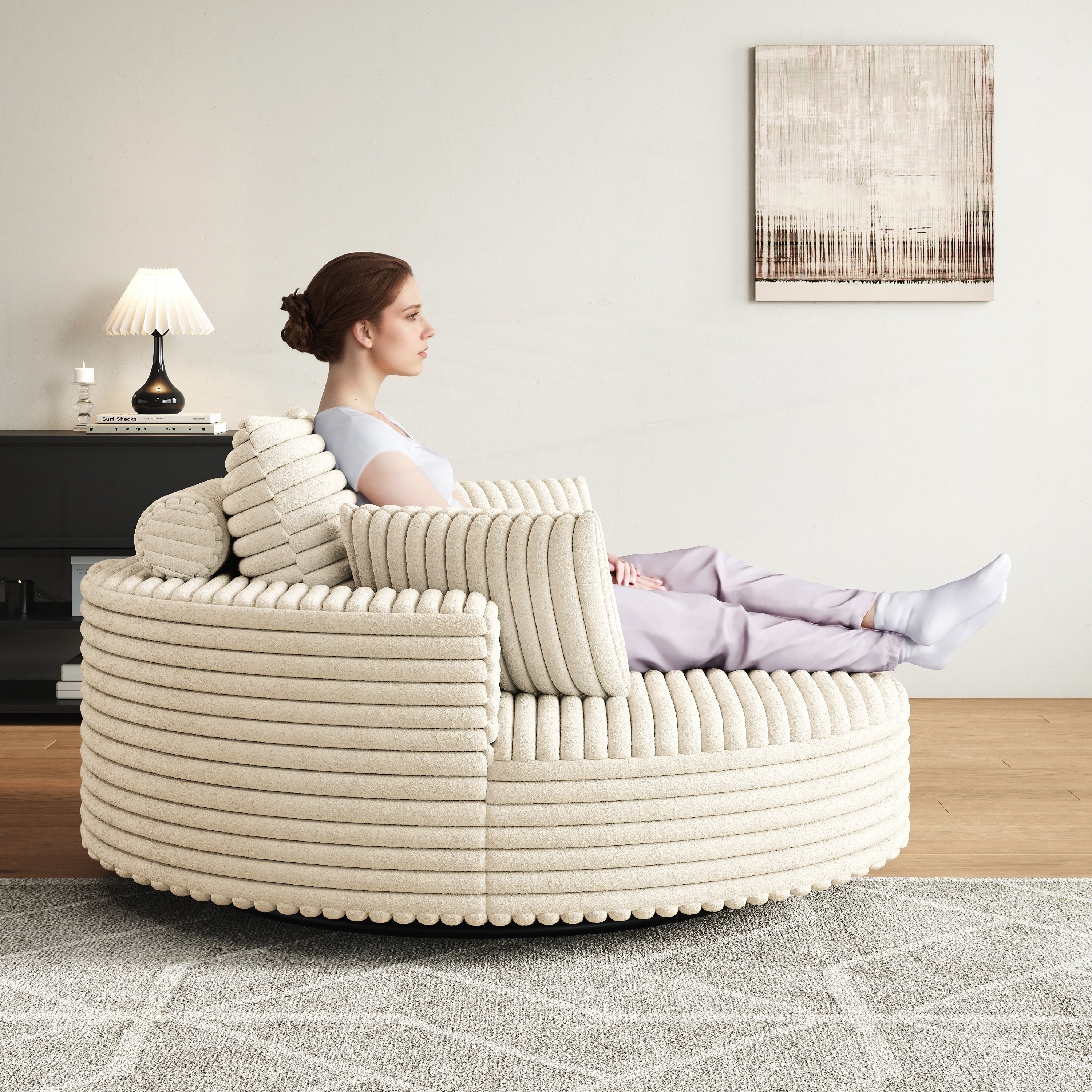Fauteuil pivotant simple en velours côtelé et chenille avec rembourrage en mousse