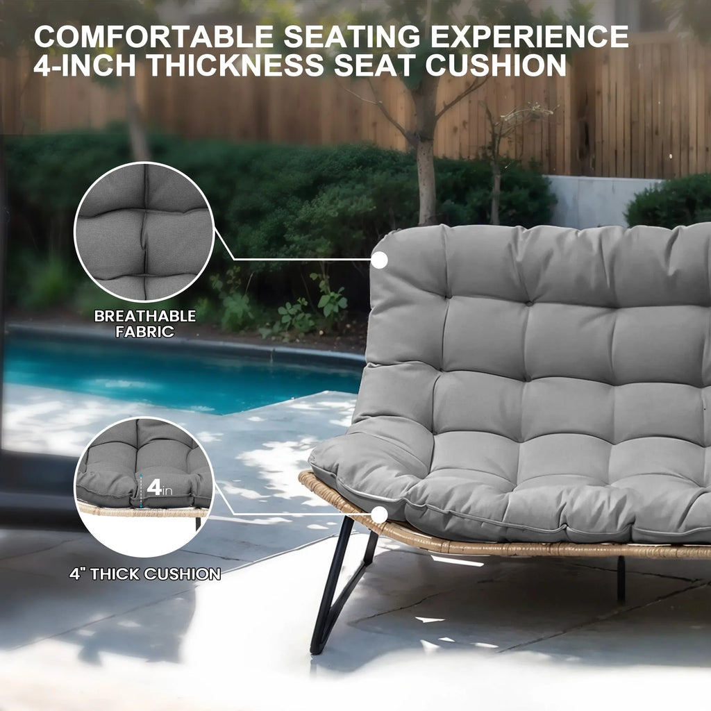 Causeuse double Papasan avec coussin, rotin PE tout temps et cadre en métal pour l'intérieur et l'extérieur