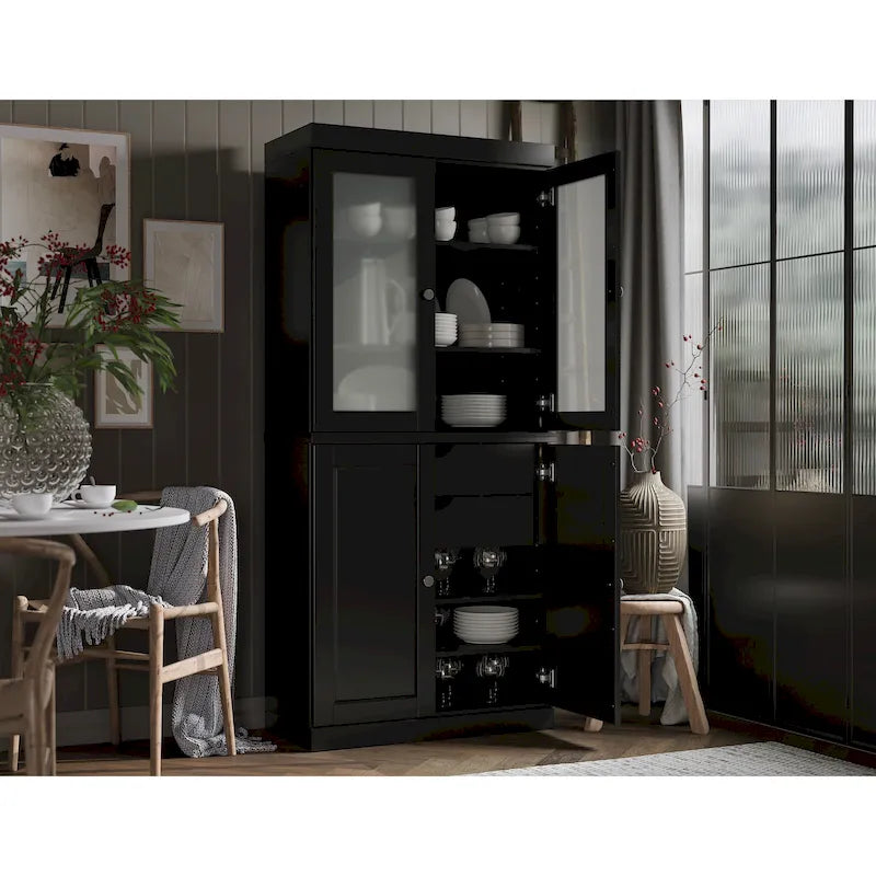 Meuble de rangement en bois massif avec portes en verre dépoli, portes pleines, 2 tiroirs et étagères réglables