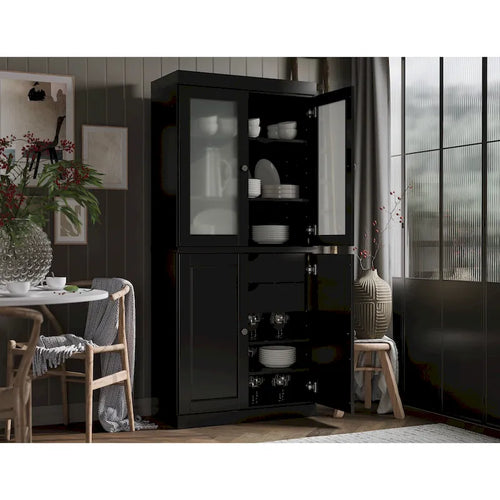 Meuble de rangement en bois massif avec portes en verre dépoli, portes pleines, 2 tiroirs et étagères réglables