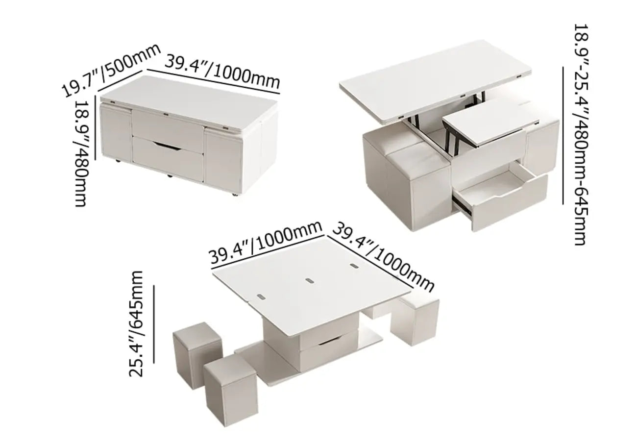 Table basse relevable pliable avec 4 tabourets et rangement