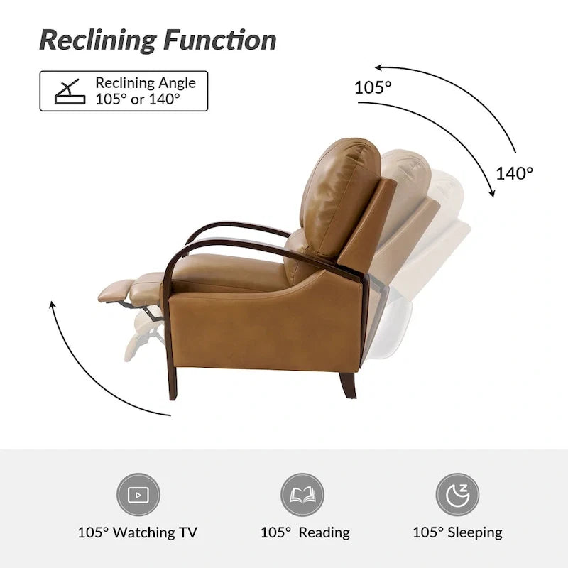 Fauteuil inclinable manuel Alex Mid-century Modern Cigar en cuir véritable avec accoudoirs incurvés en bois
