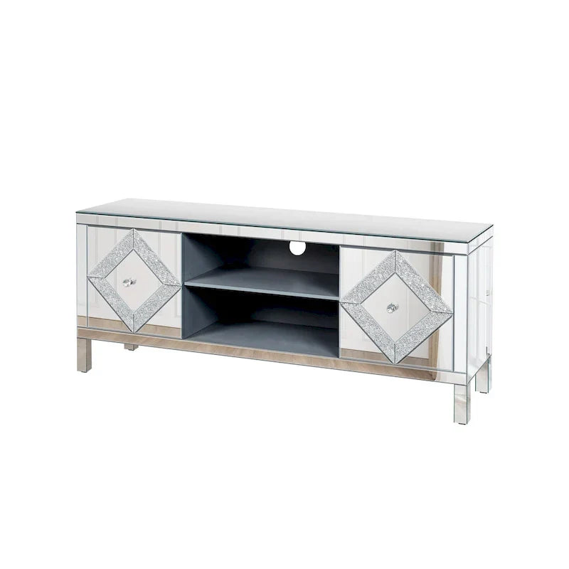 Meuble TV de 150 cm avec portes miroir en losange et rangement pour téléviseurs jusqu'à 65 pouces