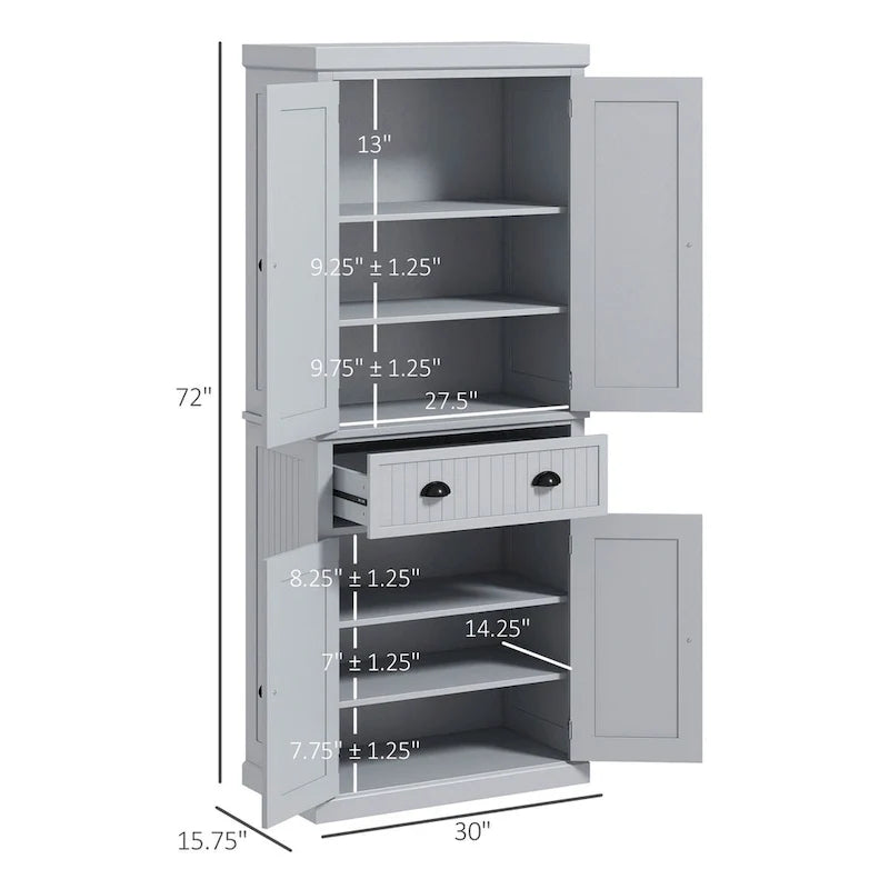 Meuble de rangement de cuisine autoportant traditionnel de 72 pouces avec 4 portes et 3 étagères réglables, grand tiroir central