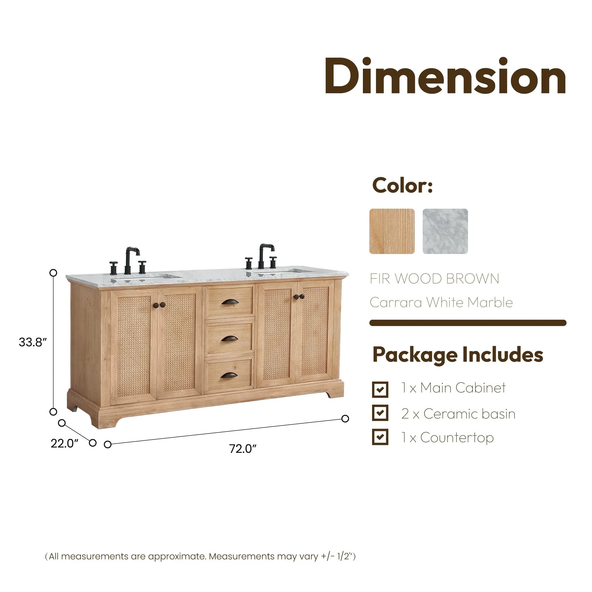Meuble sous-vasque Hervas avec plateau en marbre naturel, sans miroir