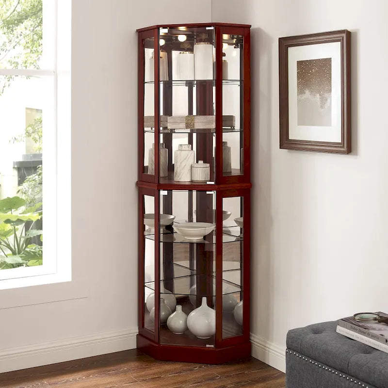 Vitrine d'angle à 6 étagères avec lumières, miroirs et étagères réglables, merisier