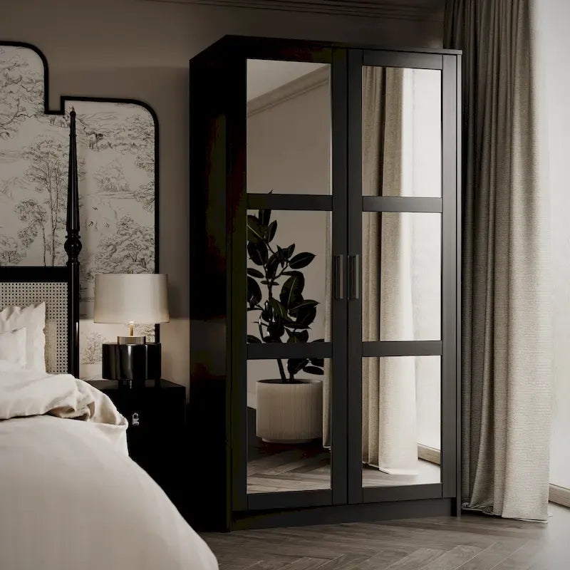 Armoire urbaine à 2 portes 100 % en bois massif avec portes pleines et portes miroir